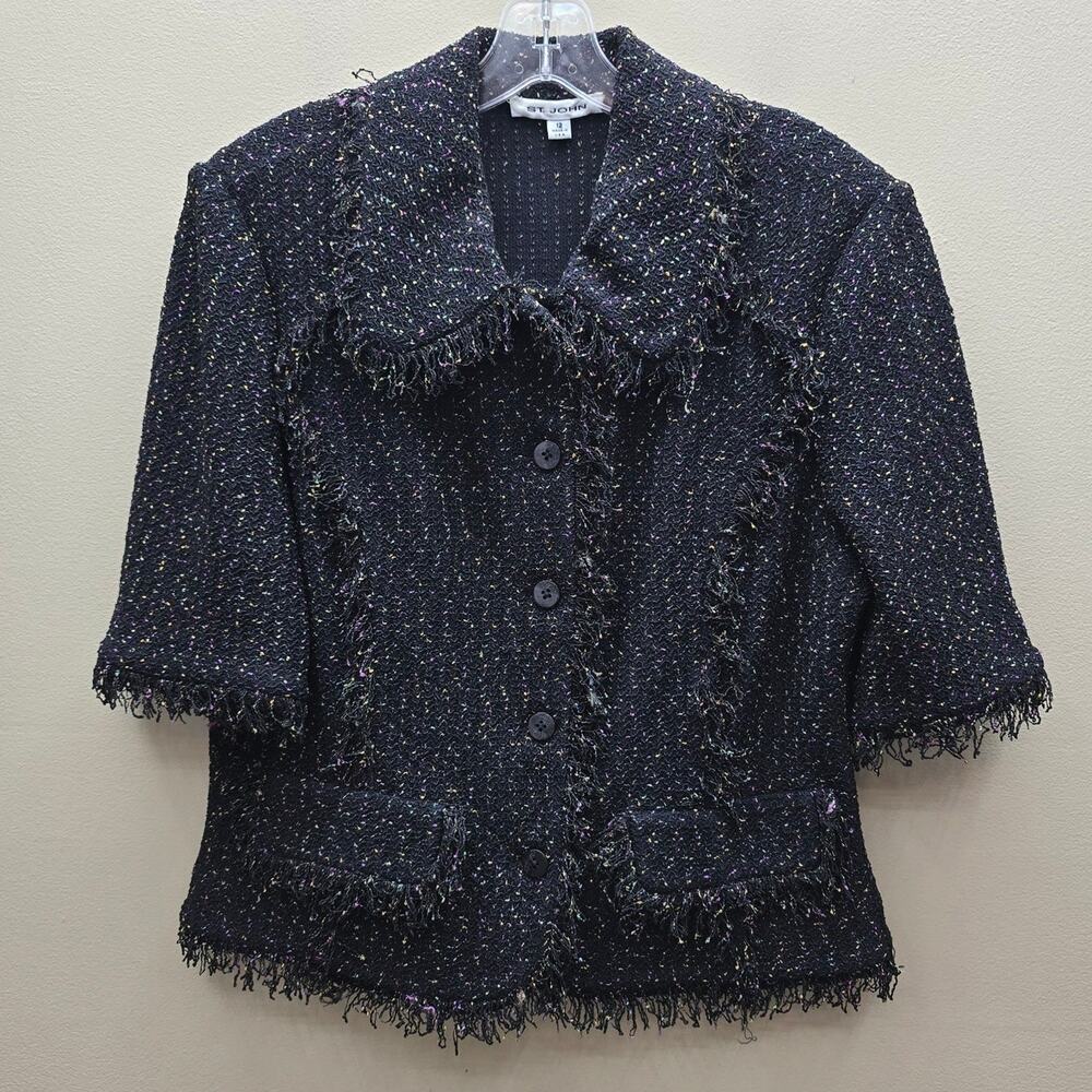 St. John Short Sleeve Button Up Confetti Jacket Size 12 Fringe Tweed Multicolor